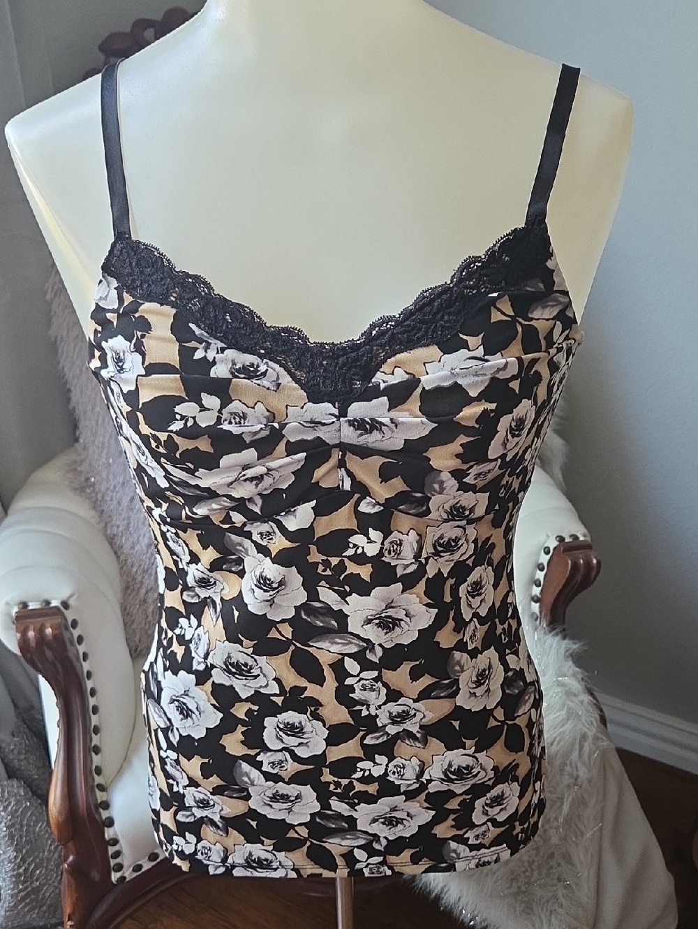 White House Black Market Black and Beige Floral Lace-Trim Cami Top